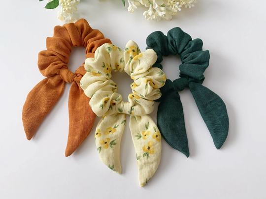 Organic Cotton Scrunchie, 100% Bunny Ear Knotted Bow Cottagecore Scrunchie