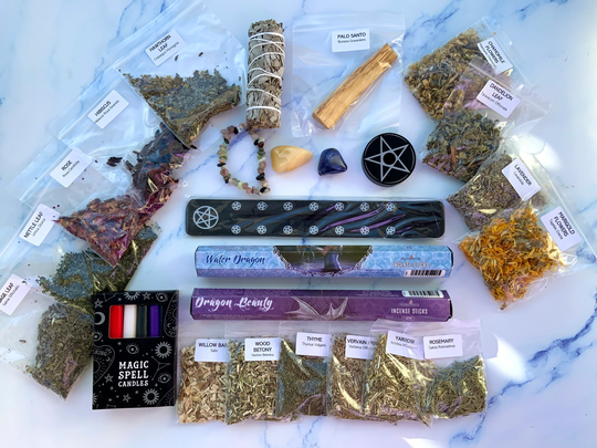Essential Witch Spell Kit, Witches Altar Supplies, Wicca Box, Magic Herbs, Candles, Pagan, Gothic, Incense, Holder