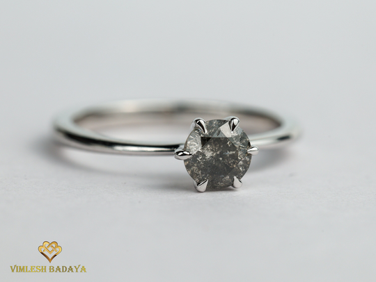 Salt Pepper Diamond Solitaire Ring, Gray Engagement 5mm Gray Ring For Her, Solid Gold