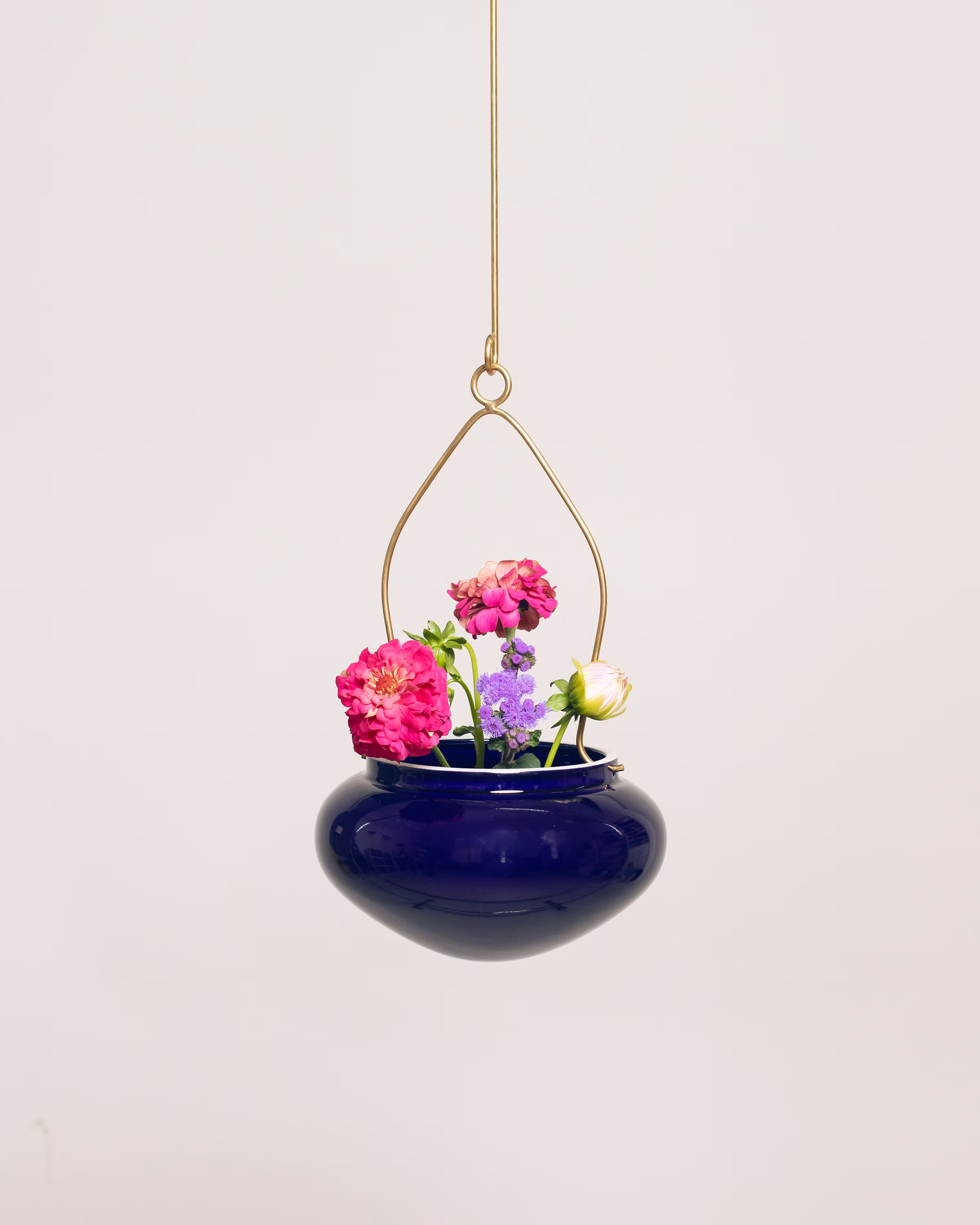 Hanging Flower Pot, Ceramic Planter, Brass Hanger, Cobalt Glaze