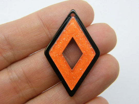 2 Orange On Black Diamond Glitter Powder Pendants Resin M412