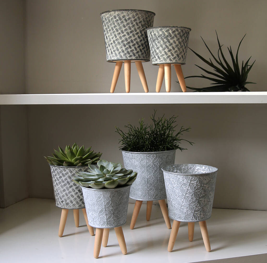 Patterned Metal Planter On Wooden Legs