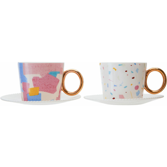 Premier Housewares - 2 Cups And Saucers Set/ Tea Set For Afternoon Tea Sets With Cup And Saucer Assorted Designs New Bone China With Funky Look Used