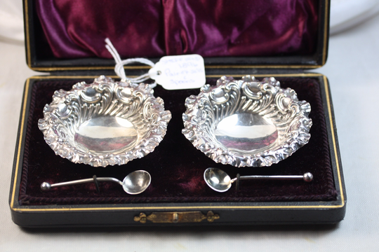 Antique Silver Salts Pair With Condiment Spoons