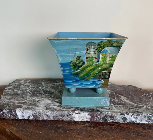 Hand Painted Metal Planter Or Vase, Lighthouse & Sea Side Vista Painting, Cottage Decor Featuring Seagulls, Water, Lighthouse, Trees