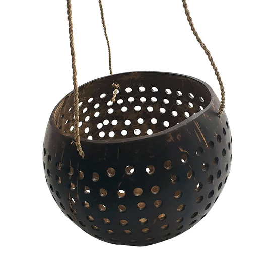 Carved Coconut, Hanging Plant Pot, With A Sturdy Jute Rope, Design 3 - 13-15cm
