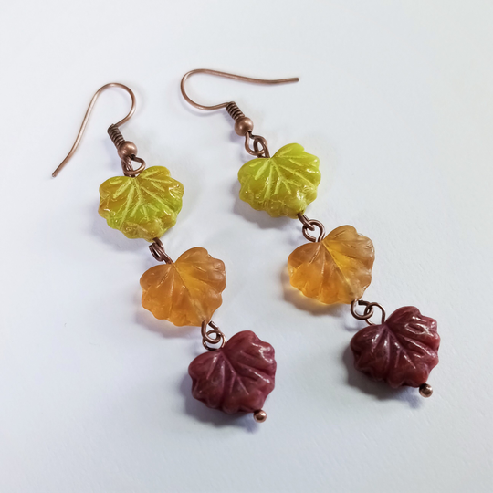 Falling Leaves Earrings Made With Copper Findings & Yellow, Orange, Red Pressed Glass Leaves, Perfect For The Fall Season