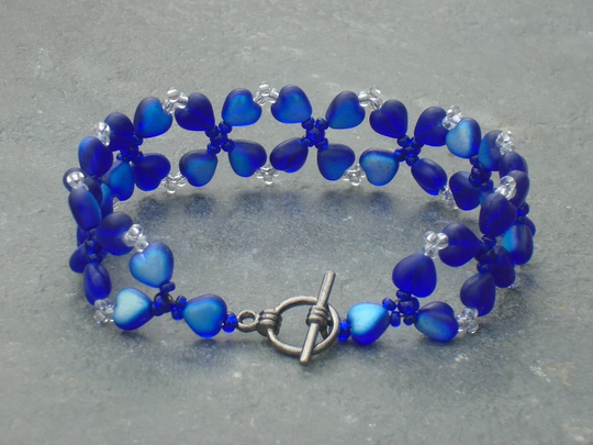 Delphinium Bracelet, Glass Heart & Seed Bead in Cobalt Blue Crystal Beads, UK Seller