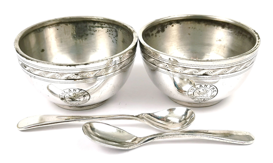 Pair Of Antique Salts, Open Cruet Pots, Silver Plate, Crested Tableware, Iolanthe Motto, Heraldic Crest, Salts With Spoons, Edward