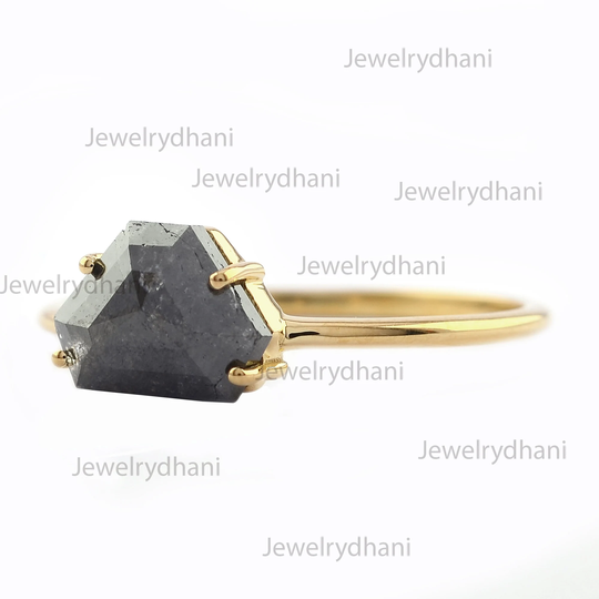 Triangle Salt & Pepper Solitaire Diamond Ring Handmade 14K Solid Yellow Gold Engagement Wedding Minimalist Jewelry Mother's Day Gift
