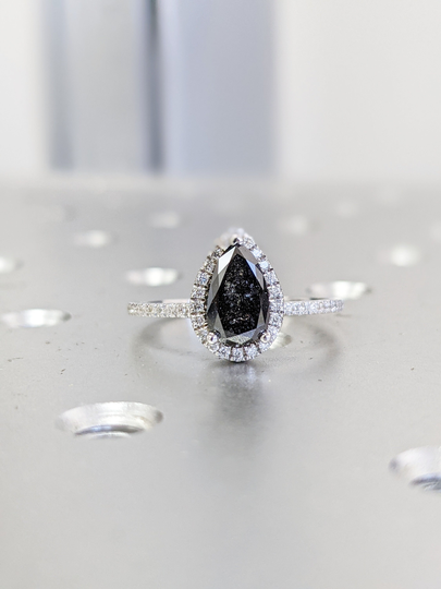 1920's Raw Salt & Pepper Diamond Halo, Pear Moissanite Halo Ring, Unique Engagement Bridal Set, Black Gray 14K Yellow Rose White Gold