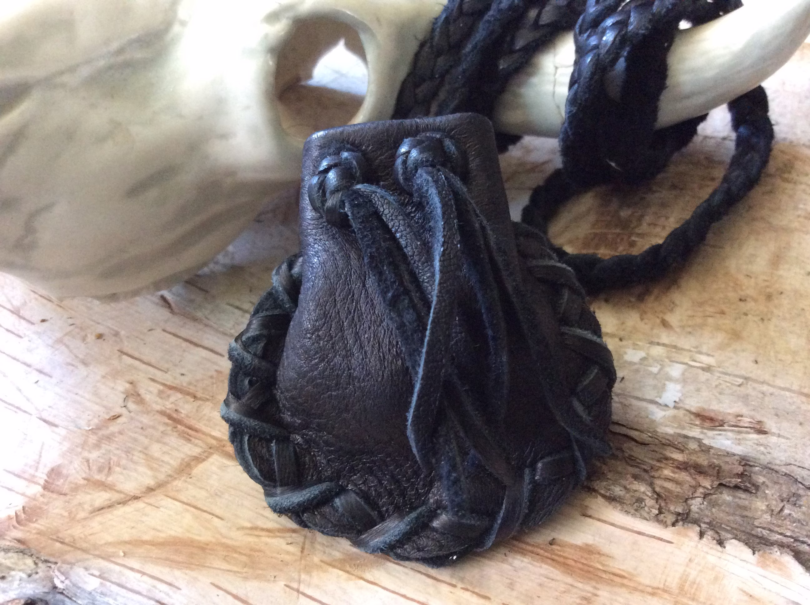 Worry Stone Pouch, Deer Hide Medicine Bag, Black Deerskin Leather Pouch On Braid Necklace, Small Bag, Handmade in Canada