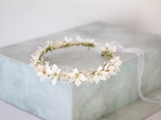 Ivory White Flower Crown Wedding, Baby's Breath Crown, Dainty Bridal Shower, Floral Headband, Adjustable