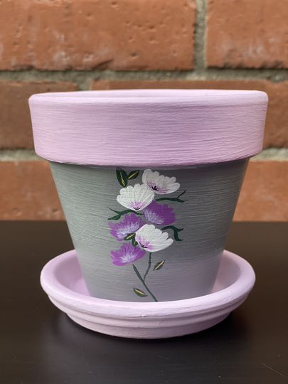 Hand-Painted Plant Pot & Saucer - Flowers