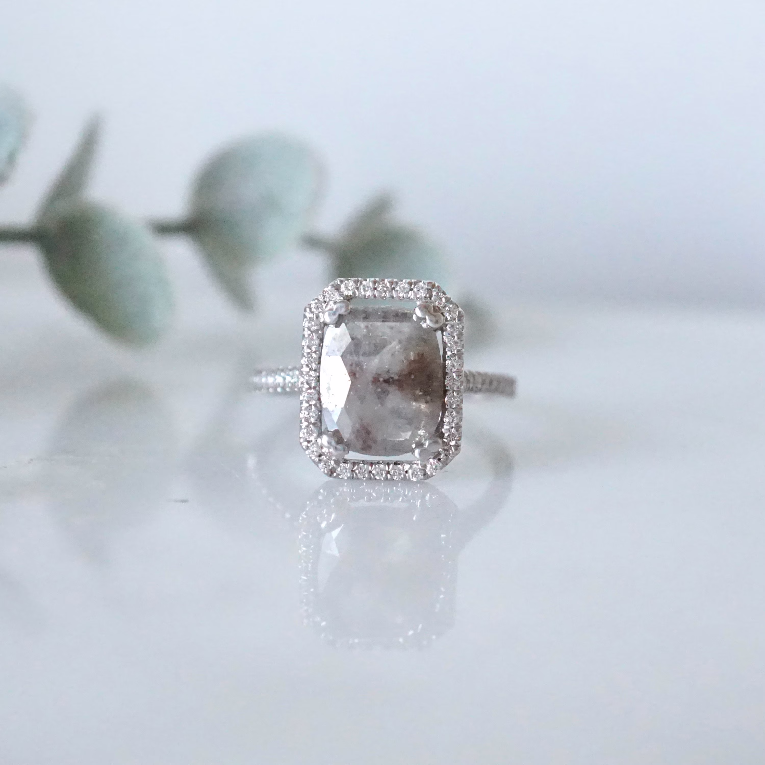 Salt & Pepper Ring, Grey Cushion Rose Cut Diamond Halo White Gold Engagement