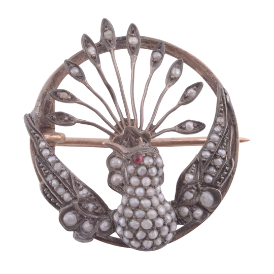 Seed Pearl Peacock Rose Gold Pin