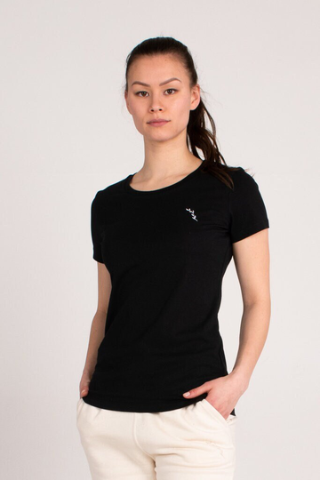 Sustainable Organic Fitted T-Shirt With Leaf Embroidery Motif - Black