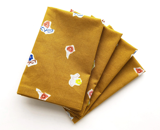 Organic Cloth Napkins - Set Of 4 Gold Yellow With Floral Design Reusable Cotton Fabric Mitered Corners 12.5 X Inches