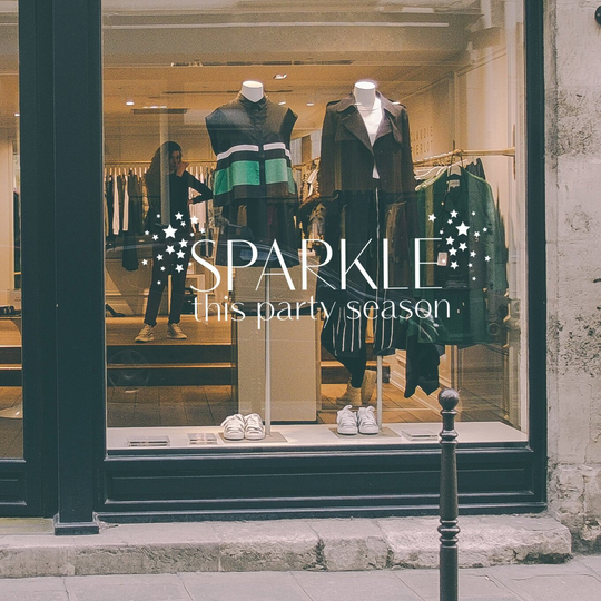 Sparkle This Party Season Retail Window Vinyl. Festive Shop Graphics. Christmas Visual Merchandising Wall Sticker