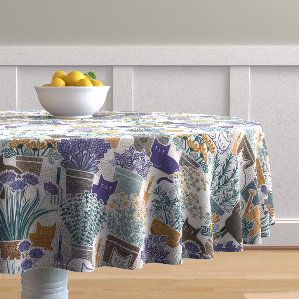 Whimsical Cats Round Tablecloth - Herb Garden With By Patricia_Lima Modern Botanical Cotton Sateen Circle Spoonflower