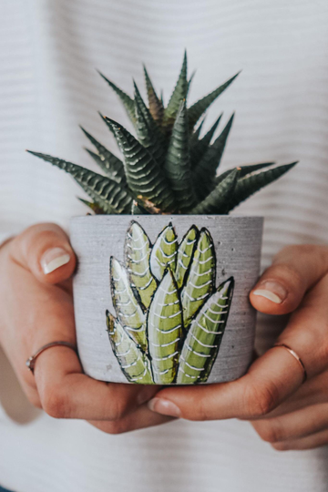 Flowerpot in Concrete Handpainted By Pero, Design Of A Plant. Great Gift Idea For Plant Lover