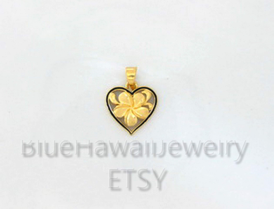 12mm 14K Yellow Gold Hawaiian Enamel Hawaii Heart Carved Plumeria Pendant
