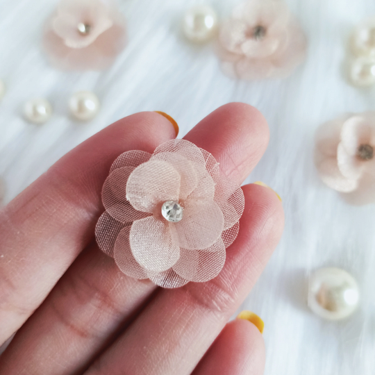 10 Rhinestone Powder Almond Organza Plum Blossom Flowers, 3 Layers Flowers, 1 Inch, Crystal Beaded Bows, Small Sewing Applique, Decorative Bows