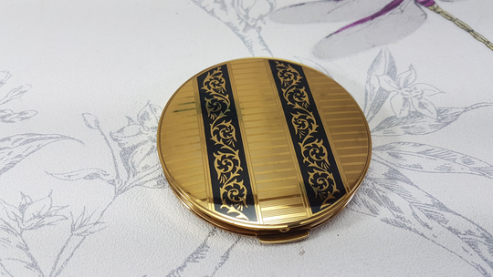 Vintage Stratton Gold & Black Powder Compact, Flapjack Compact Mirror, Unique Vintage Gifts For Her