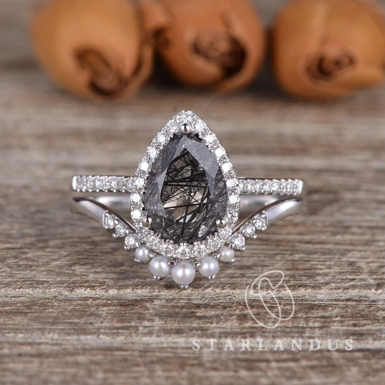 2Ct Salt & Pepper Quartz Pearl Engagement Rings Pear Shaped Bridal Set 2Pcs White Gold Stacking Ring Alternating Wedding Band