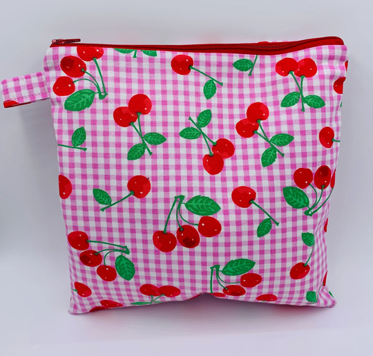 Large Summer Red Cherry Fruit Themed Zippered Organizer Bag, Zip Pouches, Make-Up Organizers, Travel, Beach Bag Organizers