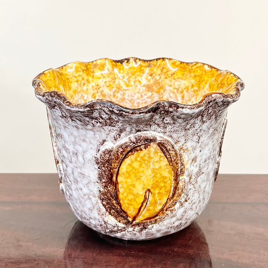 Mid Century Yellow & Brown Glazed Planter Pot 1960's 1970's Retro Vintage