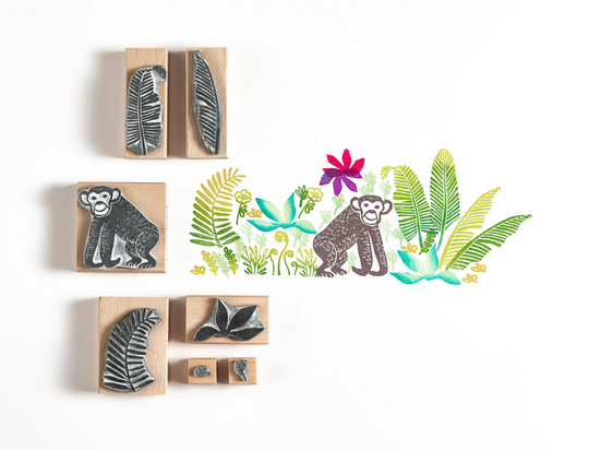 Monkey Rubber Stamp With Jungle Leaves