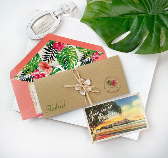 Retro Floral Boarding Pass Wedding Invitation | Oahu, Hi - Design Fee