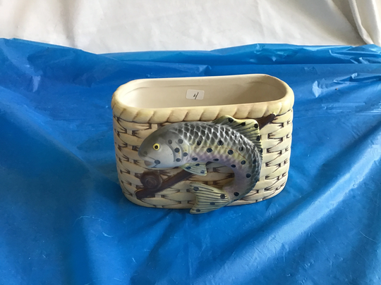 Ceramic Fish Planter No 4 - Appears As A Woven Wicker Tackle Basket With Rod & Reel + Approx Dimensions = 3.75"T X 6"L 3.5