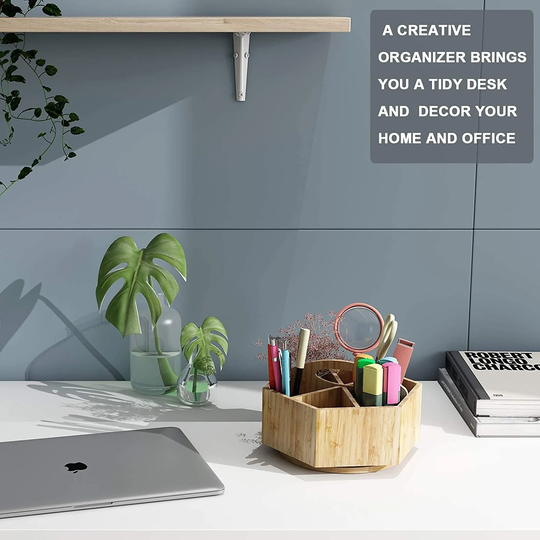 Bamboo Rotating Desk Organizer For Office Supplies With 6 Large Compartment & Easy-Carry Handle, Art Supply Holder Home &
