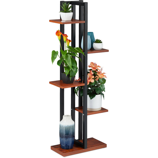 Metal Flower Stand, 5-Tier Indoor Pot Shelf Ladder, Wooden Look, 117 x 43 x 22 cm, Plant Rack, Dark Brown - Relaxdays