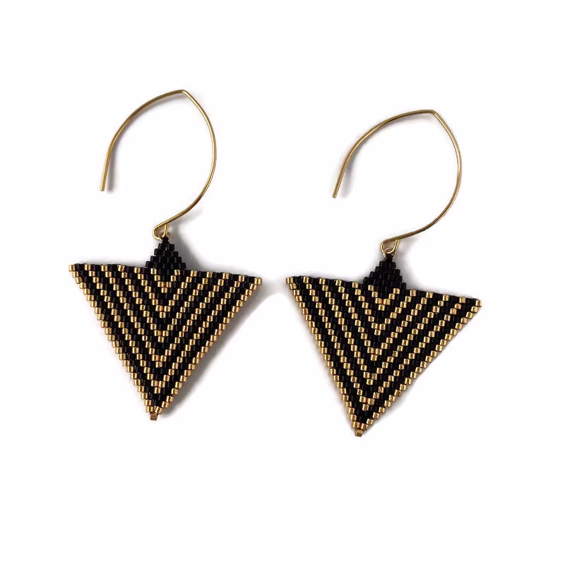 Triangle Seed Bead Earrings, Black & Gold Art Deco Beaded Simple Statement Earrings