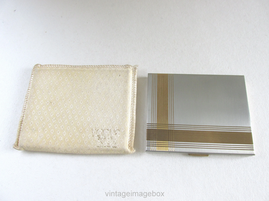 Vintage Vogue Vanities Powder Compact, Slim Rectangular, Silver Colour With Gold Stripes, 1950S, 2 7/10 X 2/10 Inches