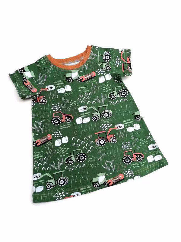 Organic Kids Dress, Combine Harvester & Tractor Print, Neutral Ethical Childrens Dress Handmade in The Uk, Eco Friendly Baby Gift