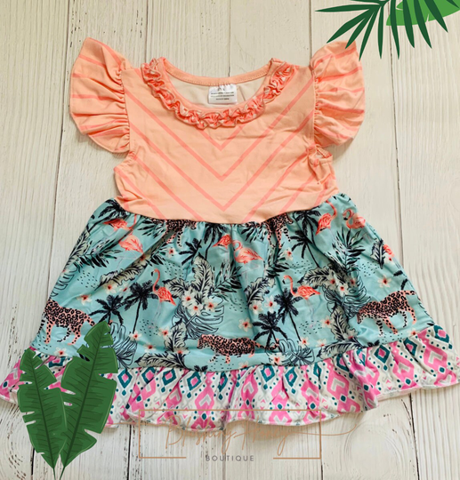 Milk Silk Peach & Blue Flamingo Cheetah Flutter Sleeve, Girls Jungle Leopard, Tropical Animal Kingdom Ships in 24 Hours Comfortable Soft