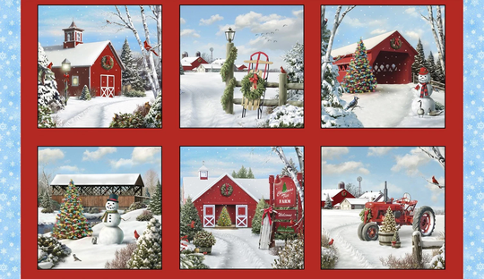 Tis The Season, Beautiful, Christmas, Winter Blocks, Church, Barn, Covered Bridges, Tractor, Elizabeth's Studios, 13002Red, 24-Inch Panel