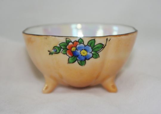 Vintage Large Porcelain Open Master Salt Cellar/Dip Lusterware Lustreware Orange, Footed, Hand-Painted Flowers, Japan