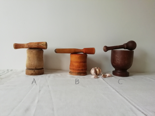 Old Rustic Mortar & Pestle, Vintage Wooden Spice Bowls, Primitive Herb Pepper Garlic Grinders, Farmhouse Kitchen Decor