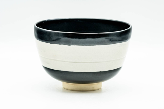 Japanese Matcha Bowl - Black White Stripe Glazed Kyo-Yaki Chawan 350Ml
