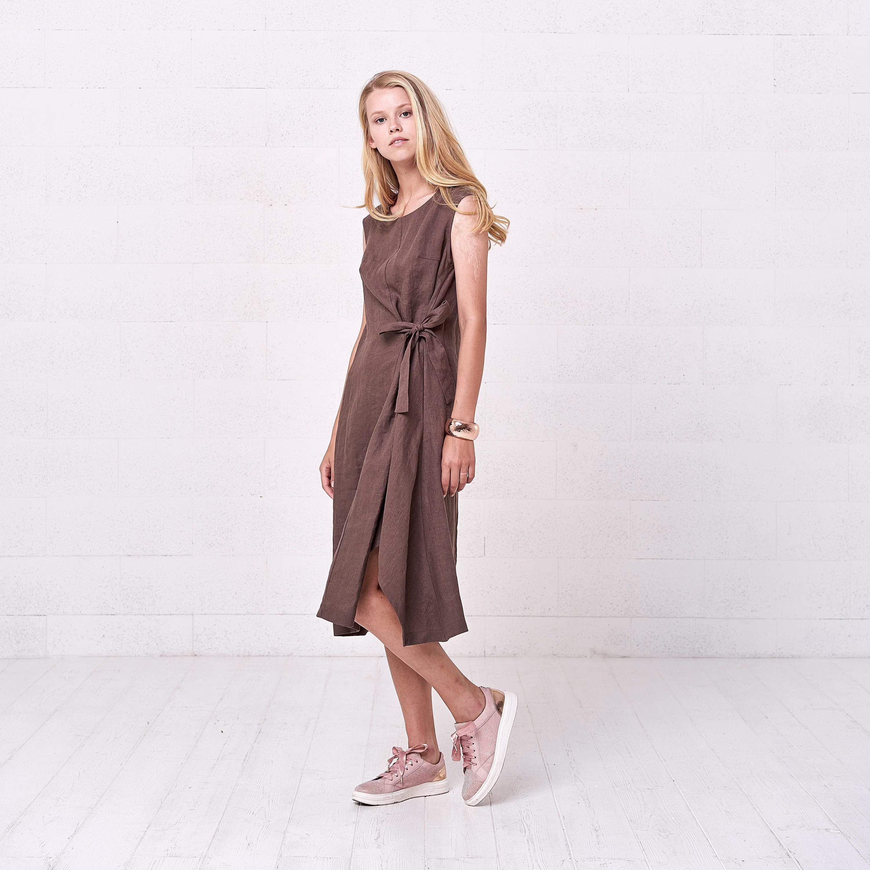 Women's Organic Linen Midi Dress, Airy Summer Wrap Dress For Women