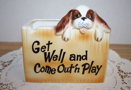 Inarco Get Well Planter With Happy Dog Looking Over The Fence, 5.25" Wide & 5