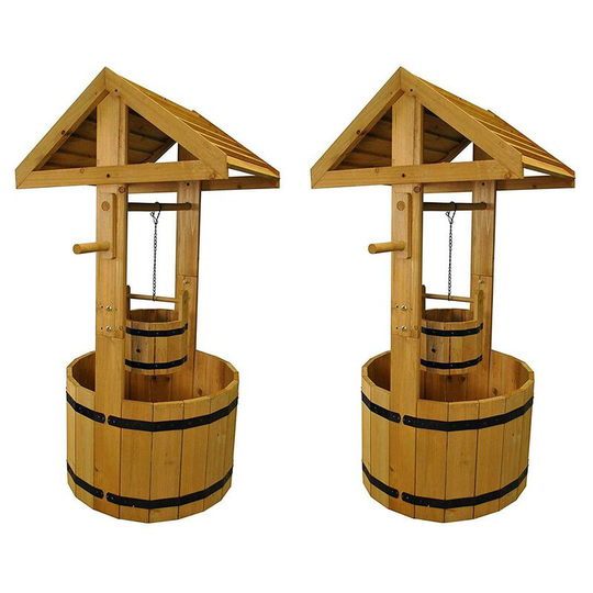 Selections - Large Wooden Wishing Well Garden Planters (Set of 2)