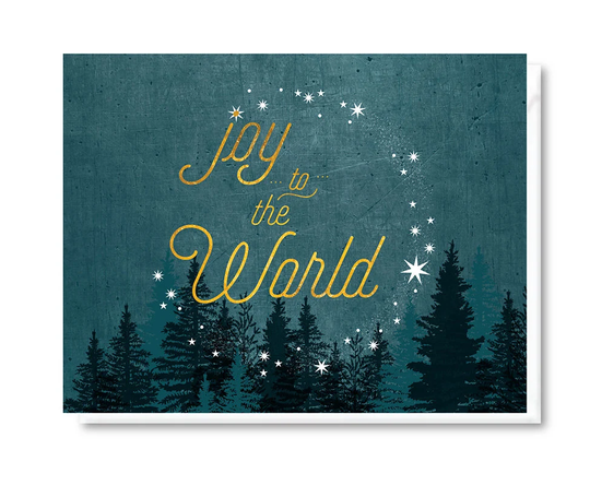 Joy To The World Holiday Card, Faux Foil Christmas Starry Night Blank Seasonal Winter Card
