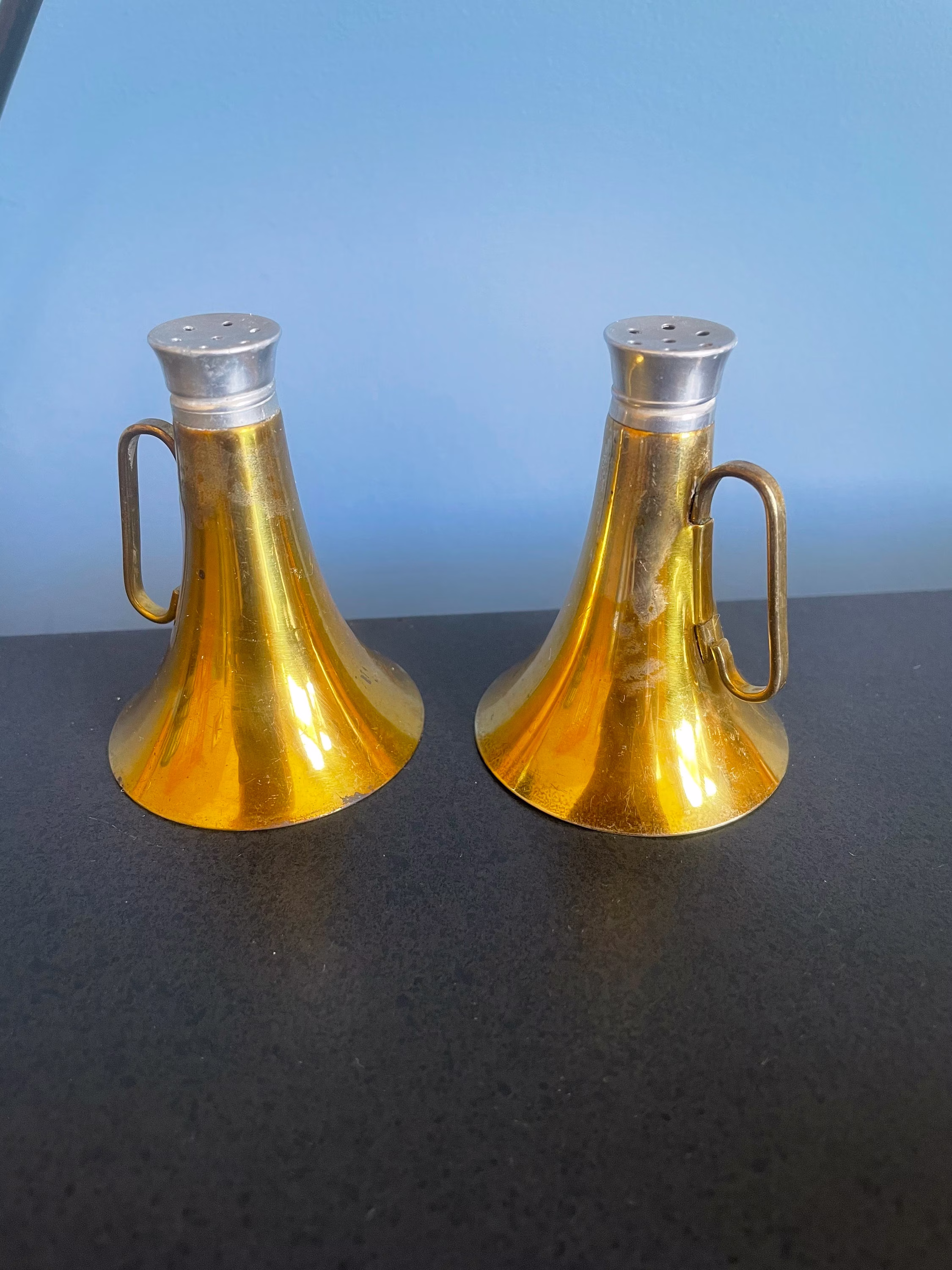 Vintage Brass Bugle Salt Pepper Shakers