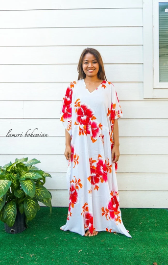 Orange Hibiscus Floral Boho Kaftan Dress, Loose Fit Beachwear, Loungewear, Summer Clothing, Swimsuit Cover Up, Hawaiian Caftan